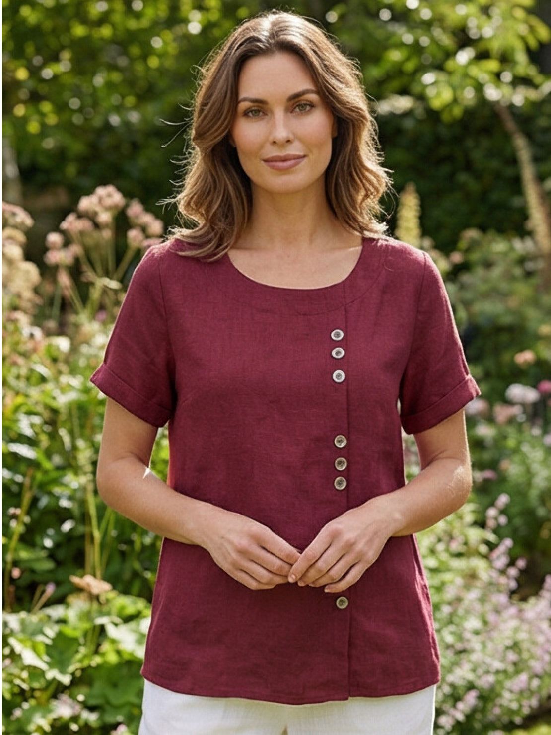 Grace | Women’s Linen Round Neck Button Blouse | The Bellemont Sisters Australia