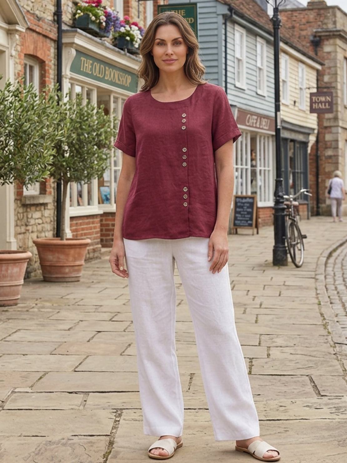 Grace | Women’s Linen Round Neck Button Blouse | The Bellemont Sisters Australia