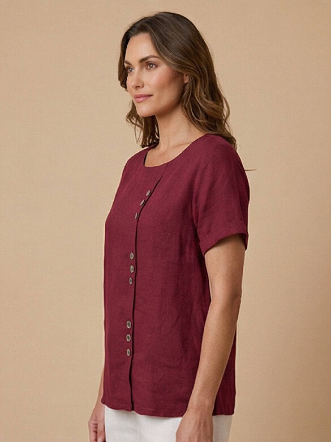 Grace | Women’s Linen Round Neck Button Blouse | The Bellemont Sisters Australia