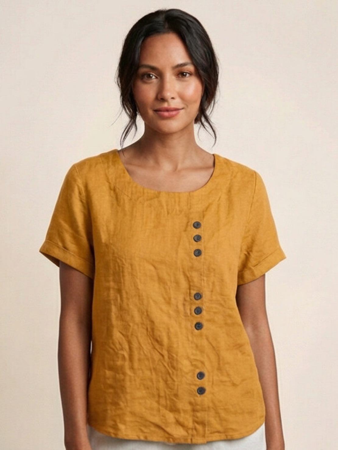 Grace | Women’s Linen Round Neck Button Blouse – Mustard | The Bellemont Sisters Australia