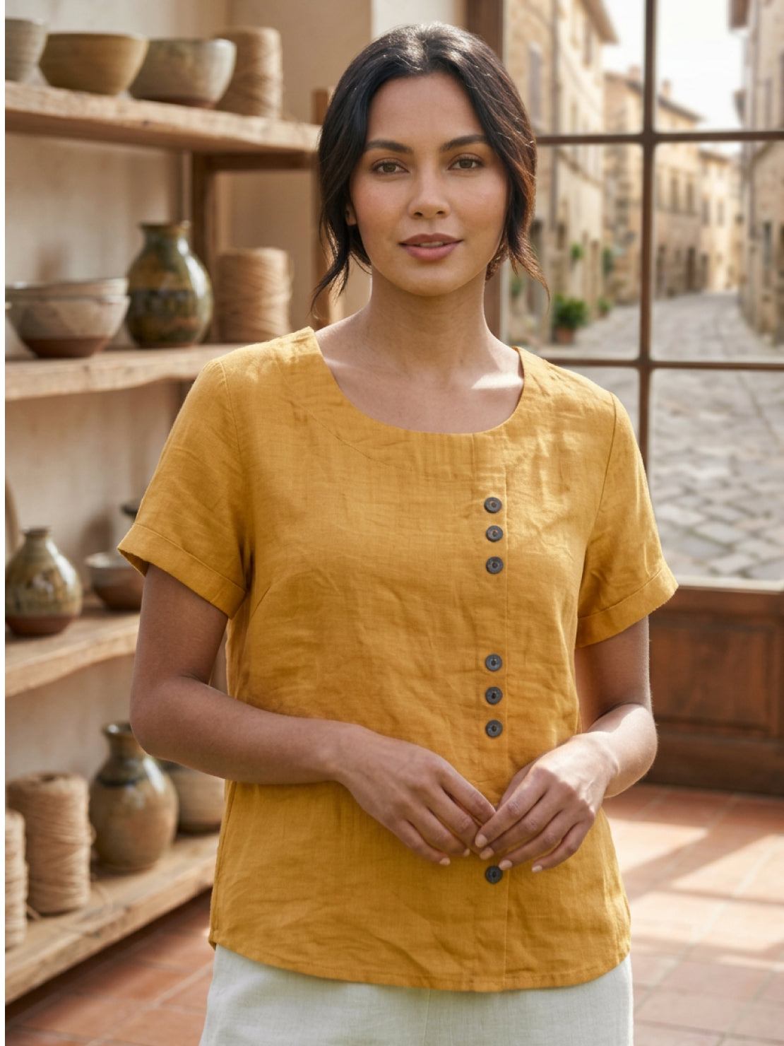 Grace | Women’s Linen Round Neck Button Blouse | The Bellemont Sisters Australia