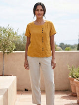 Grace | Women’s Linen Round Neck Button Blouse | The Bellemont Sisters Australia