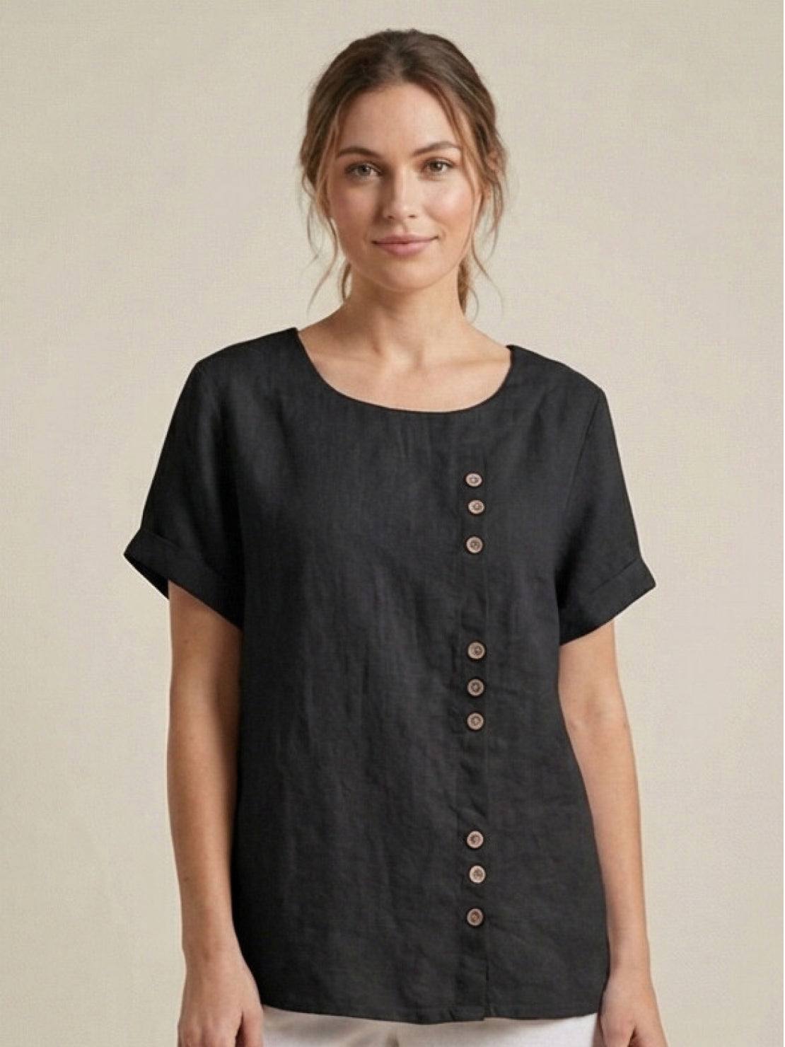 Grace | Women’s Linen Round Neck Button Blouse – Black | The Bellemont Sisters Australia
