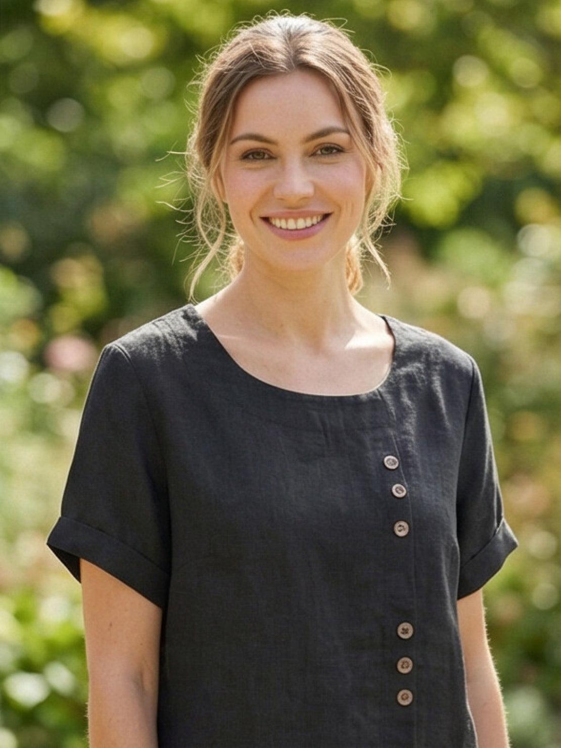 Grace | Women’s Linen Round Neck Button Blouse | The Bellemont Sisters Australia