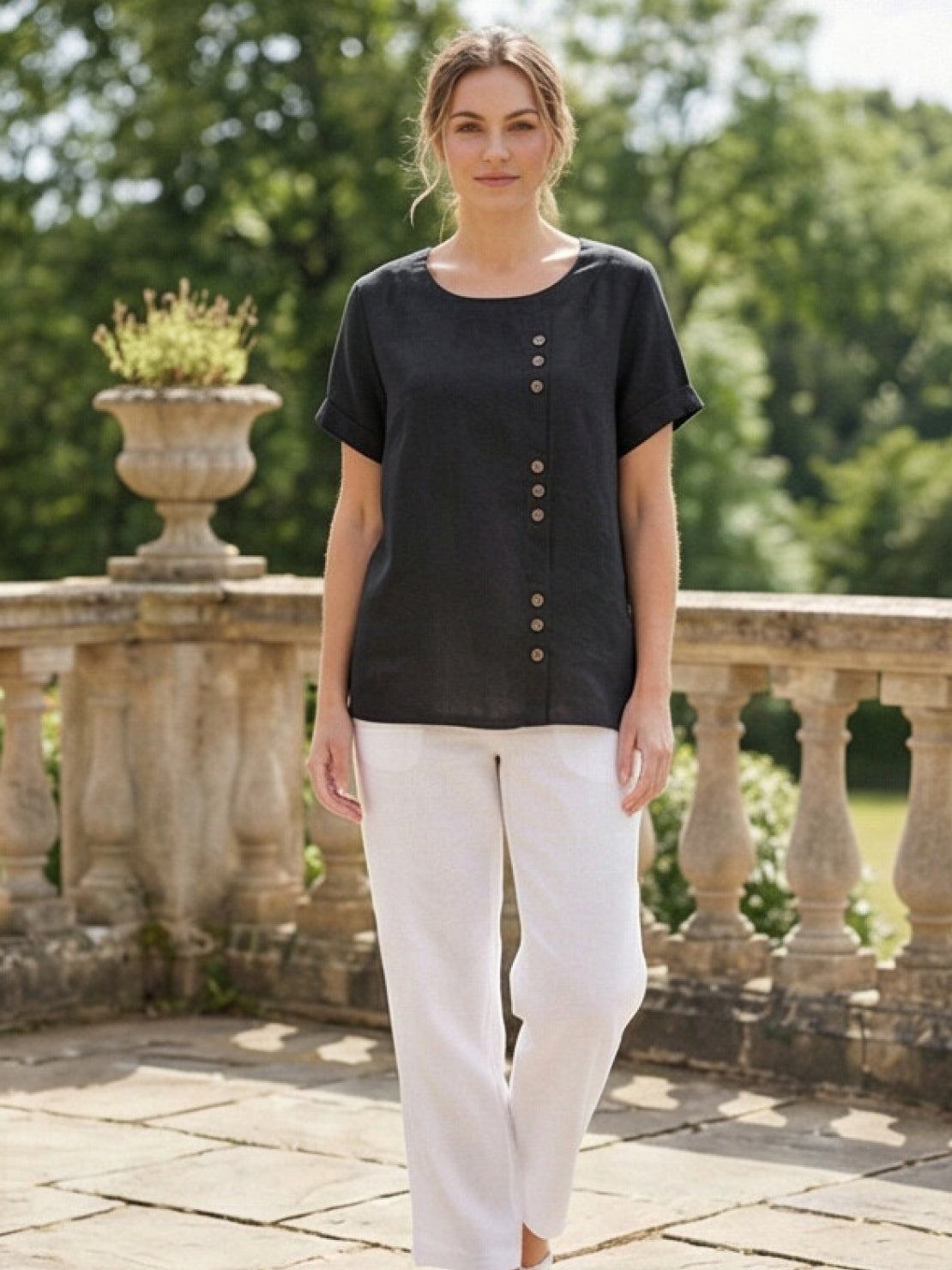 Grace | Women’s Linen Round Neck Button Blouse | The Bellemont Sisters Australia