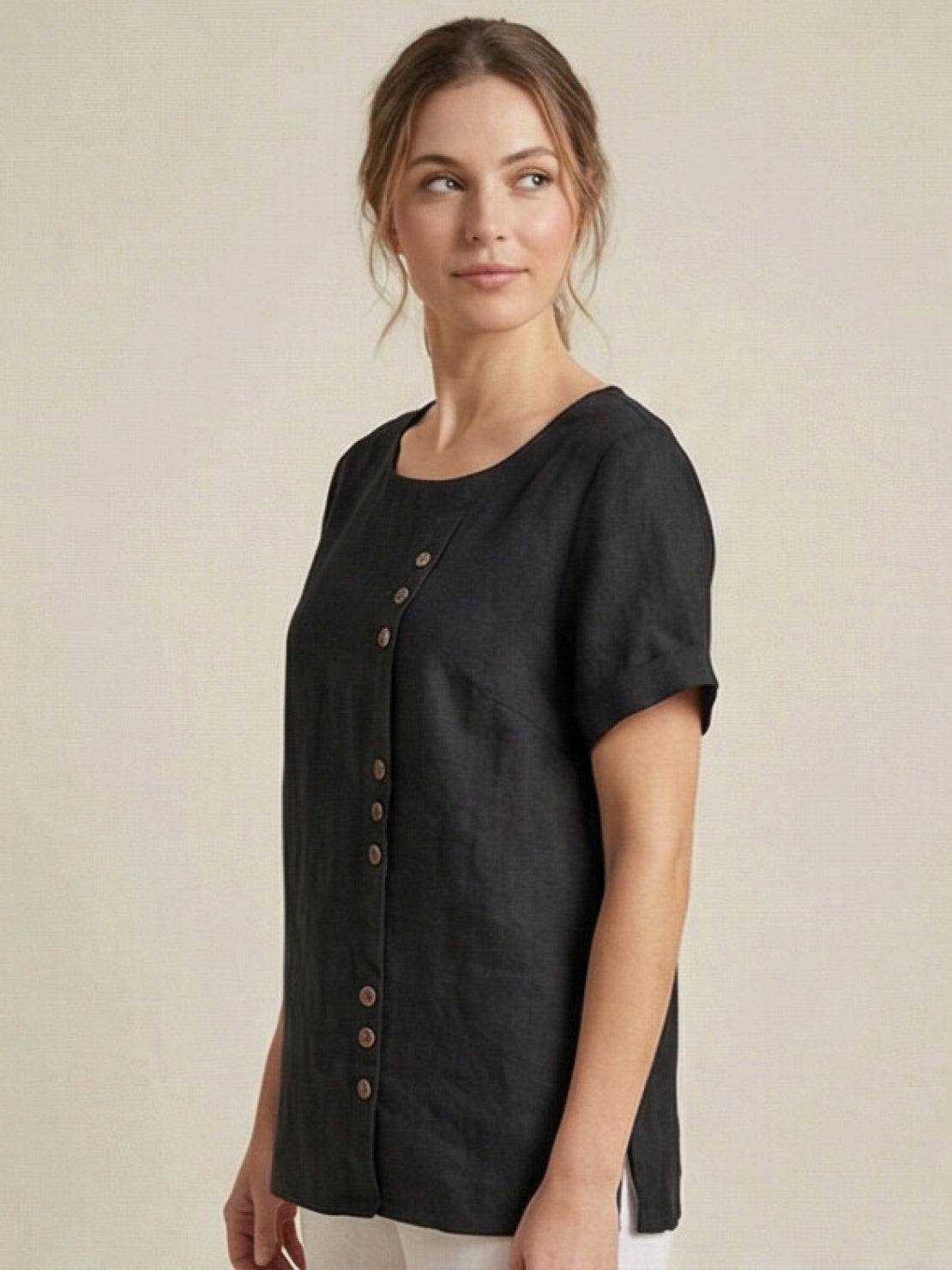Grace | Women’s Linen Round Neck Button Blouse | The Bellemont Sisters Australia