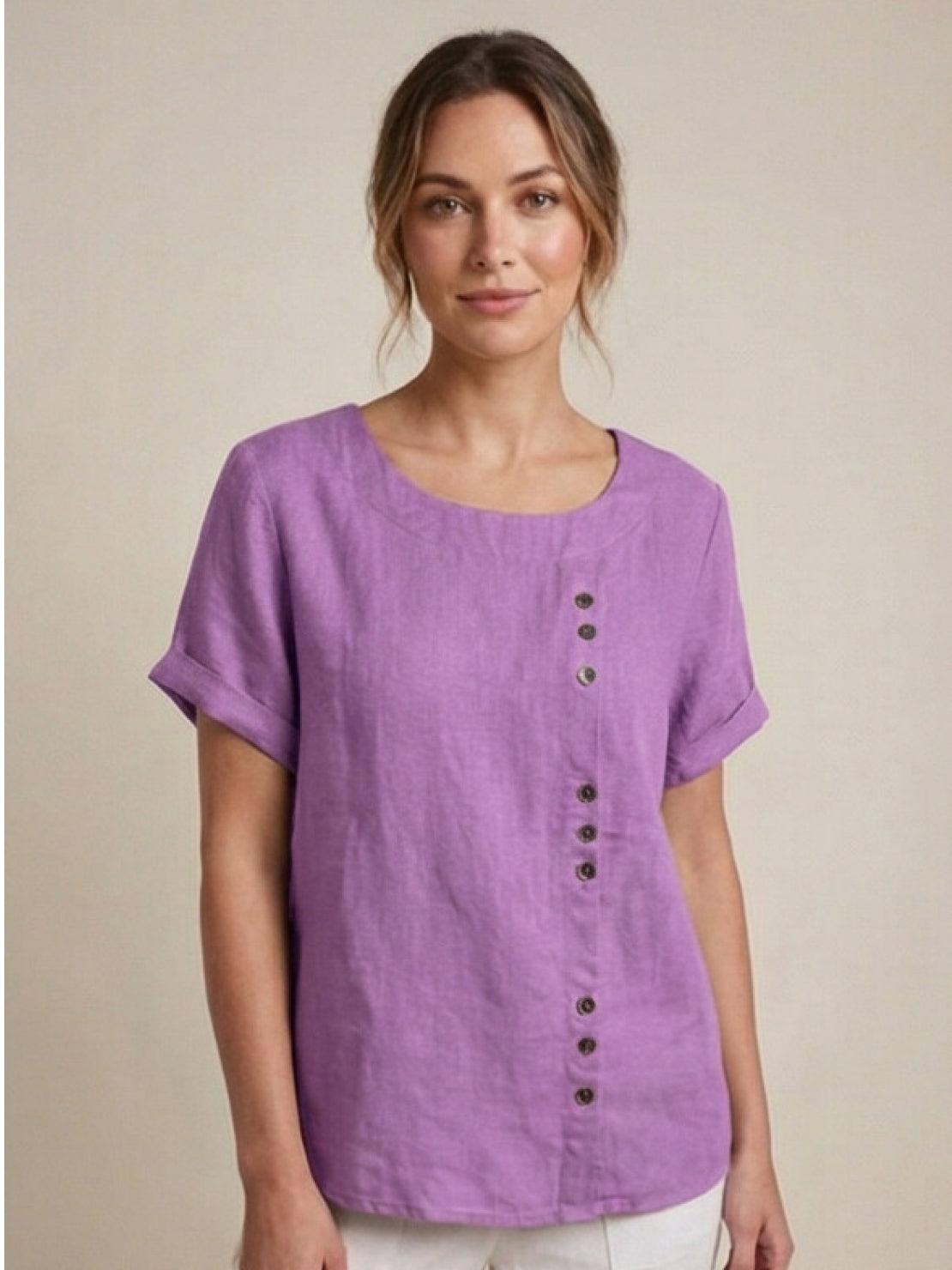 Grace | Women’s Linen Round Neck Button Blouse – Lavender | The Bellemont Sisters Australia