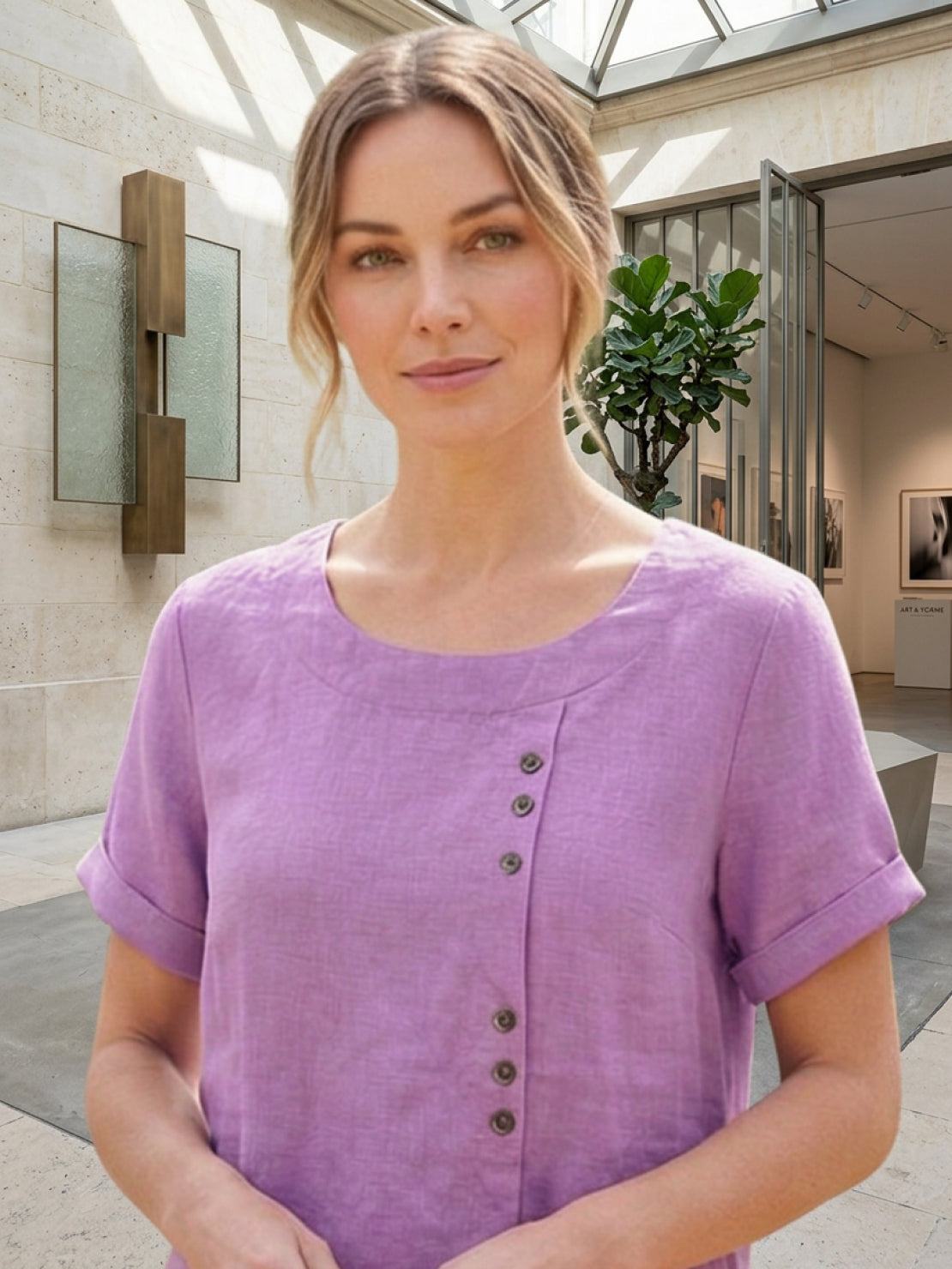 Grace | Women’s Linen Round Neck Button Blouse | The Bellemont Sisters Australia