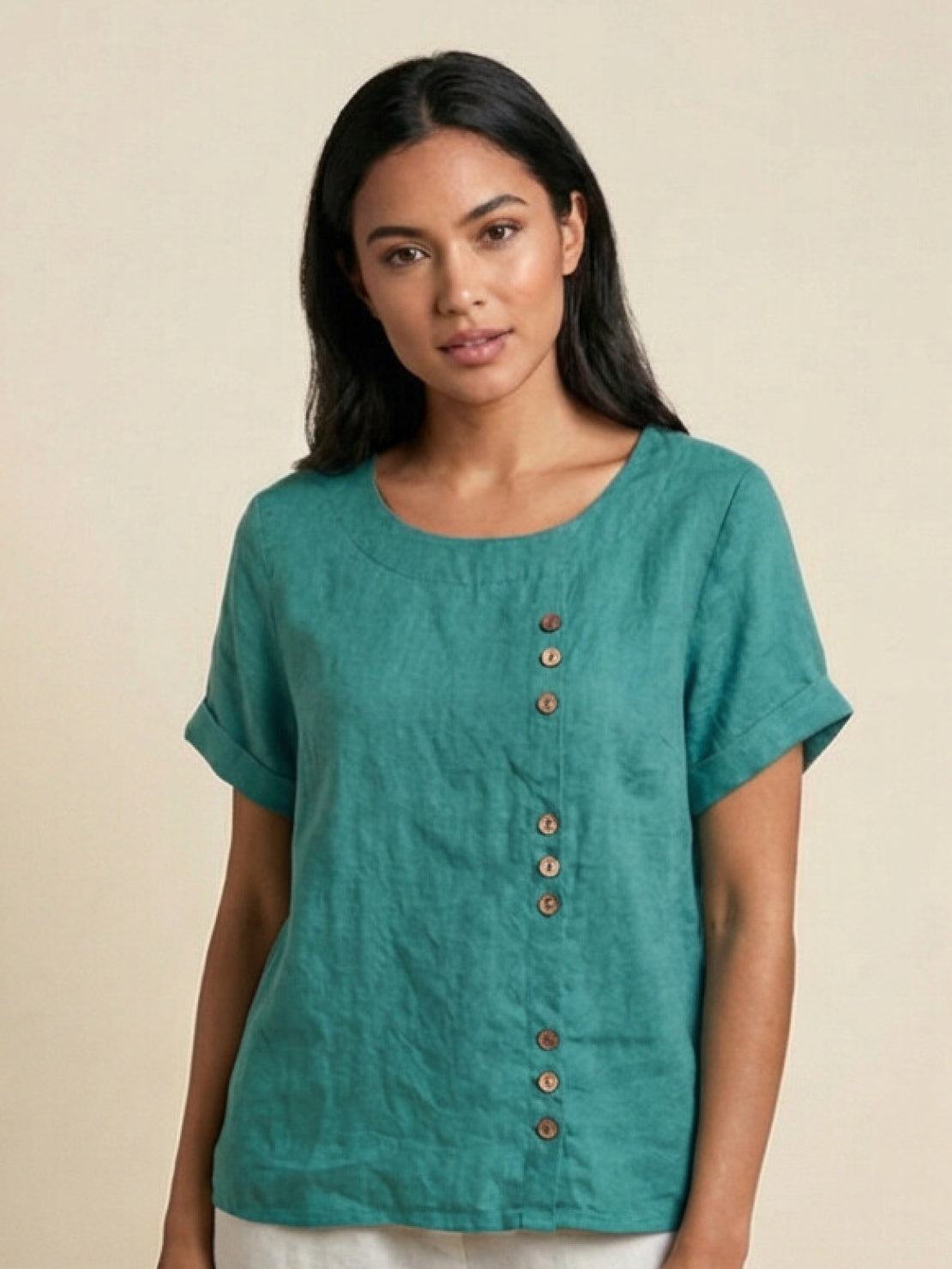 Grace | Women’s Linen Round Neck Button Blouse – Teal | The Bellemont Sisters Australia