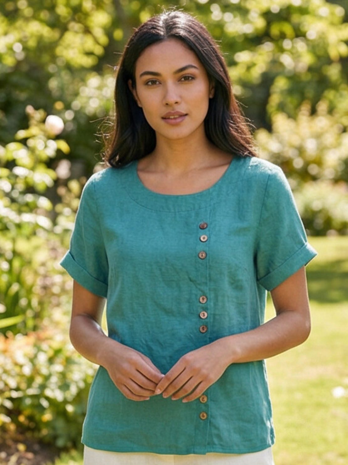 Grace | Women’s Linen Round Neck Button Blouse | The Bellemont Sisters Australia