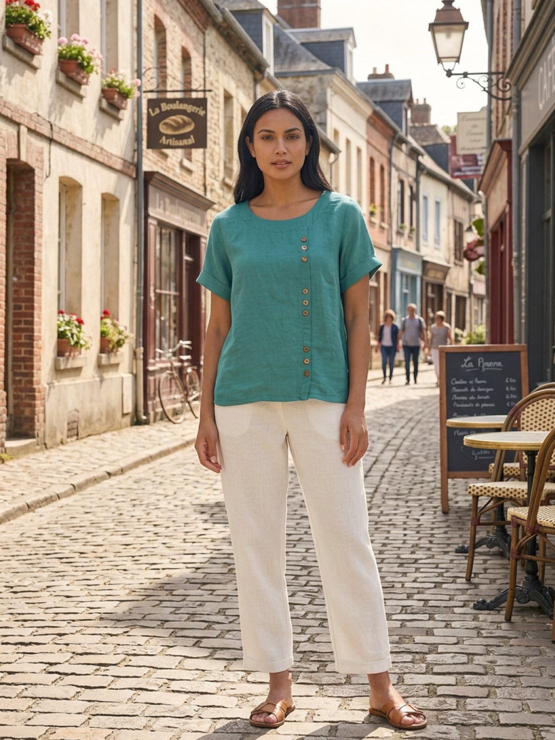 Grace | Women’s Linen Round Neck Button Blouse | The Bellemont Sisters Australia