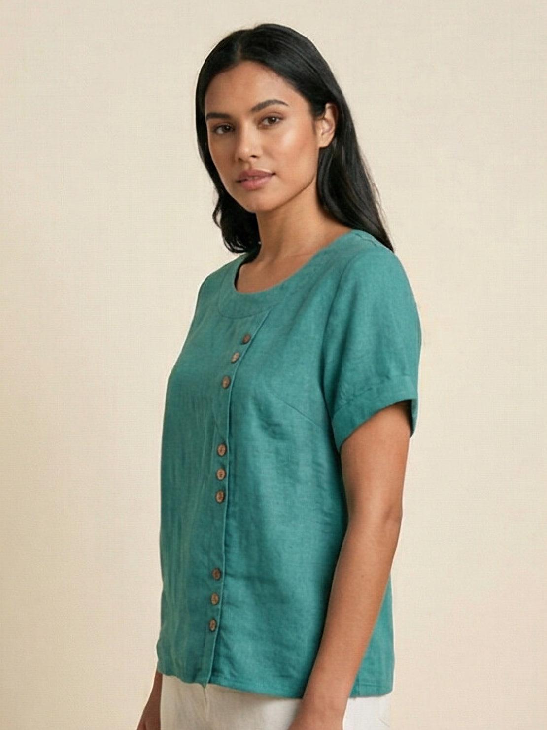 Grace | Women’s Linen Round Neck Button Blouse | The Bellemont Sisters Australia