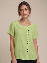 Grace | Women’s Linen Round Neck Button Blouse – Lime Green | The Bellemont Sisters Australia
