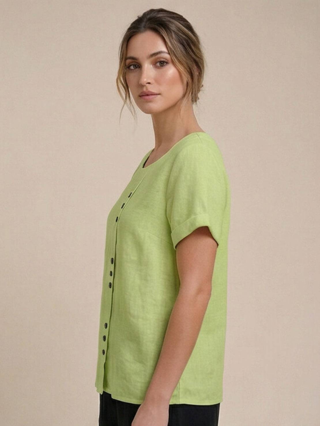Grace | Women’s Linen Round Neck Button Blouse | The Bellemont Sisters Australia