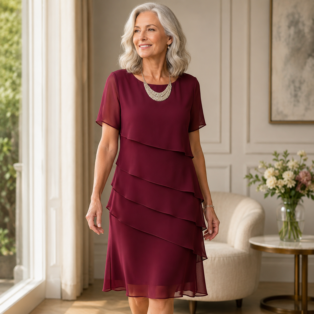 LINDA  | Elegant Comfort Ruffle Dress – Burgundy | The Bellemont Sisters Australia