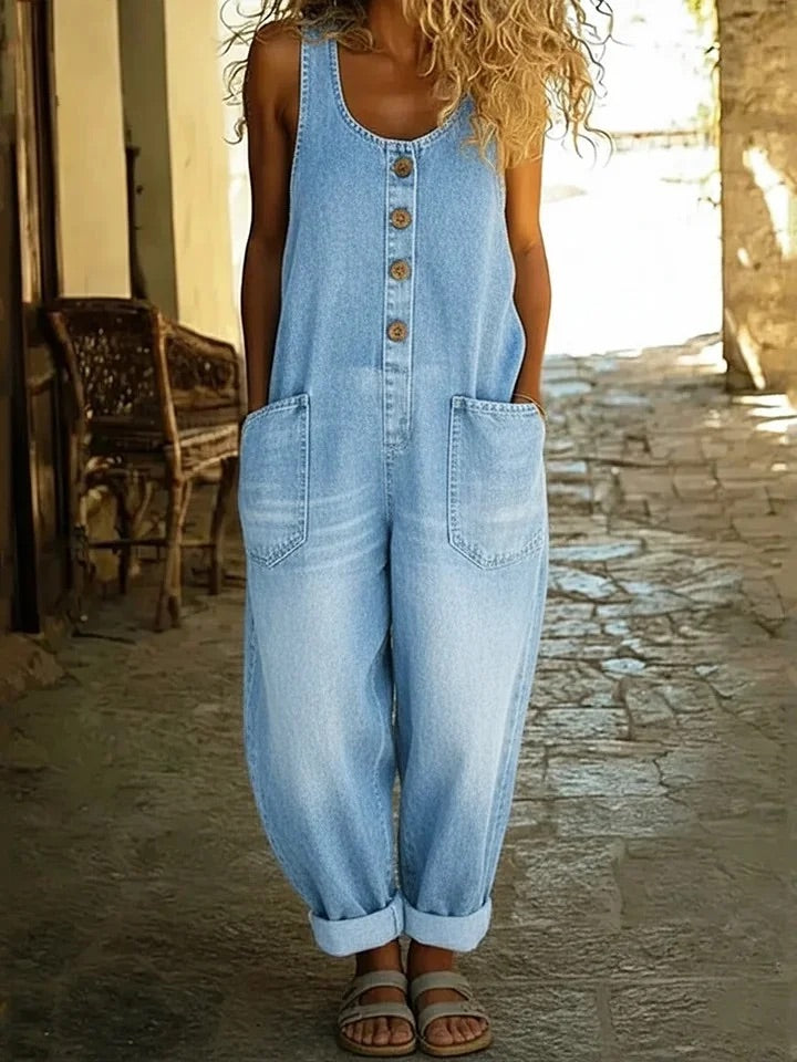 Nancy | Vintage Washed Cotton Denim Overalls – Light Blue | The Bellemont Sisters Australia