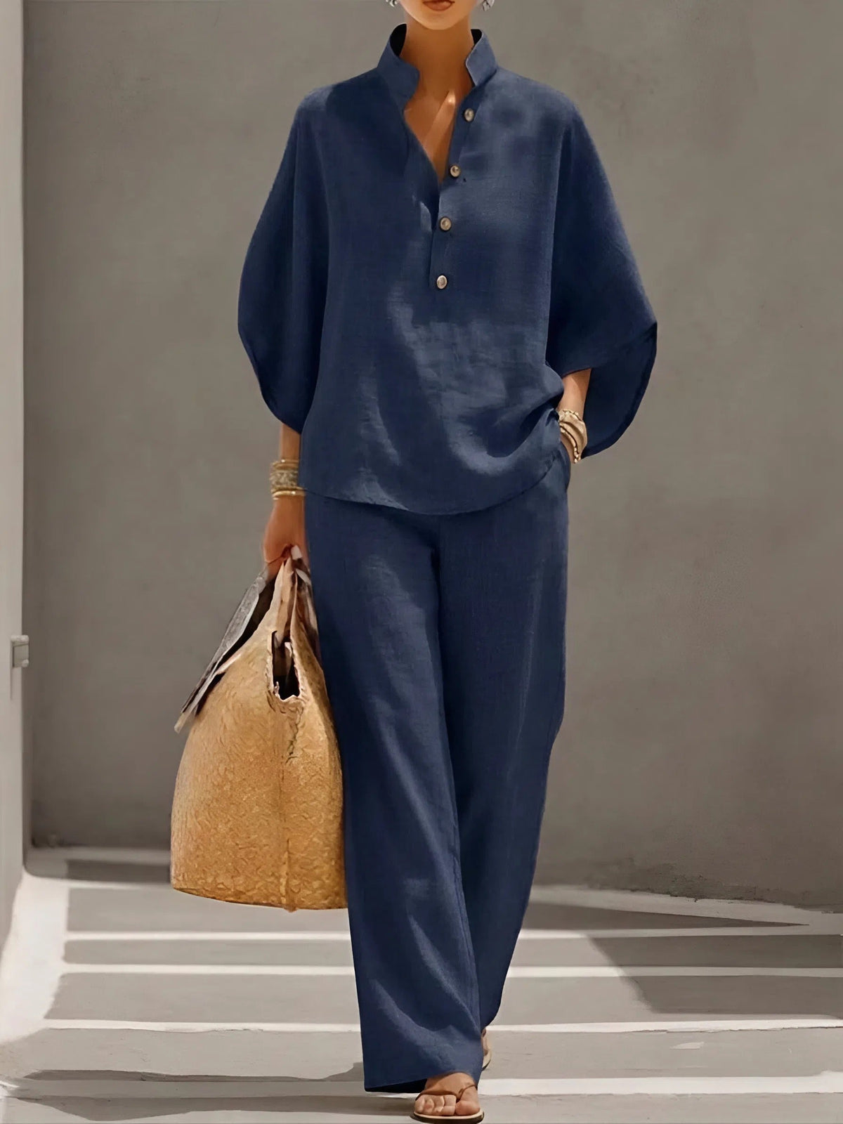 Ellen™ – Linen Cotton Two-Piece Set – Navy | The Bellemont Sisters Australia