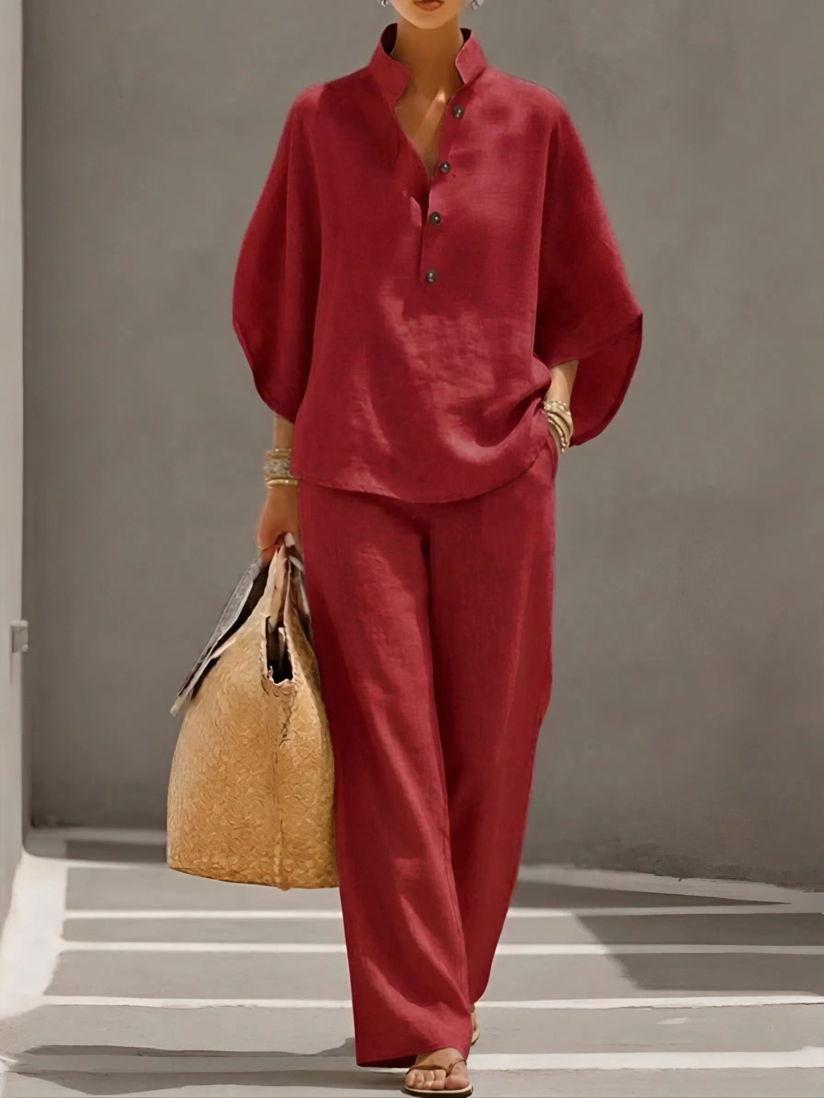 Ellen™ – Linen Cotton Two-Piece Set – Red | The Bellemont Sisters Australia