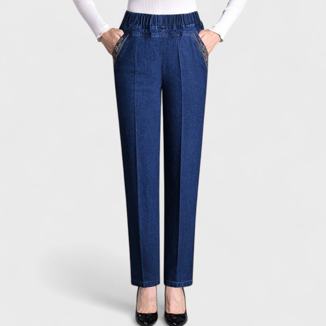 Emma | Women’s Comfortable Stretch Jeans with Side Pockets and Elastic Waist – Dark Blue | The Bellemont Sisters Australia