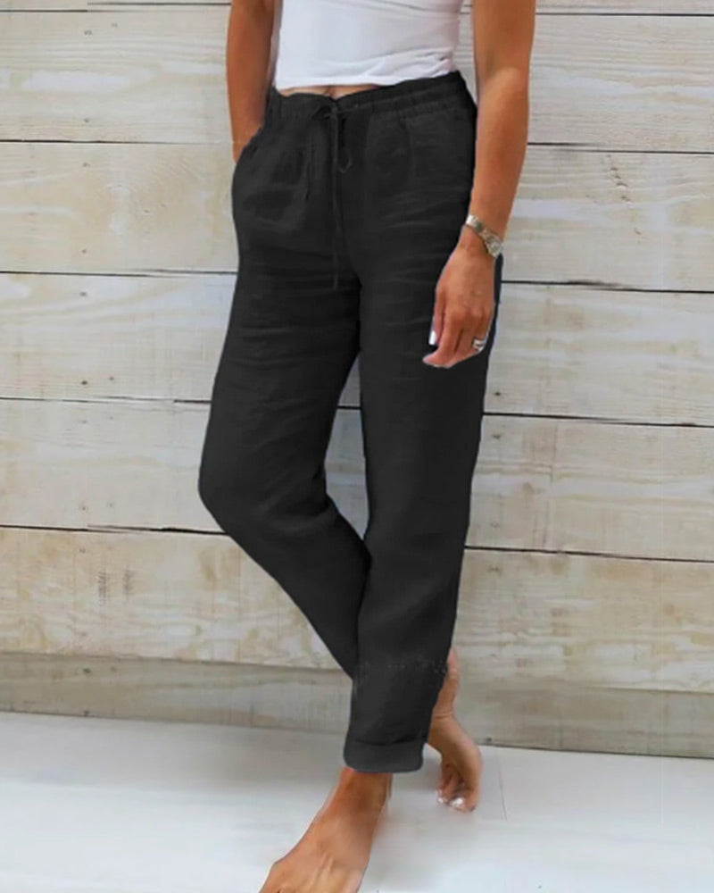 Women's  Elastic Waist Cotton Linen Wide Leg Pants – Black | The Bellemont Sisters Australia