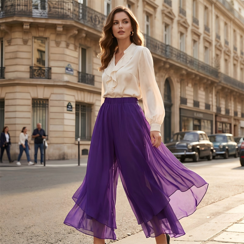 Riza - Women's asymmetrical chiffon pants with wide legs | The Bellemont Sisters Australia
