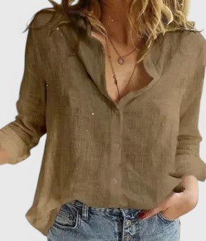 Faith | Women’s Linen V Neck Button Blouse – Brown | The Bellemont Sisters Australia