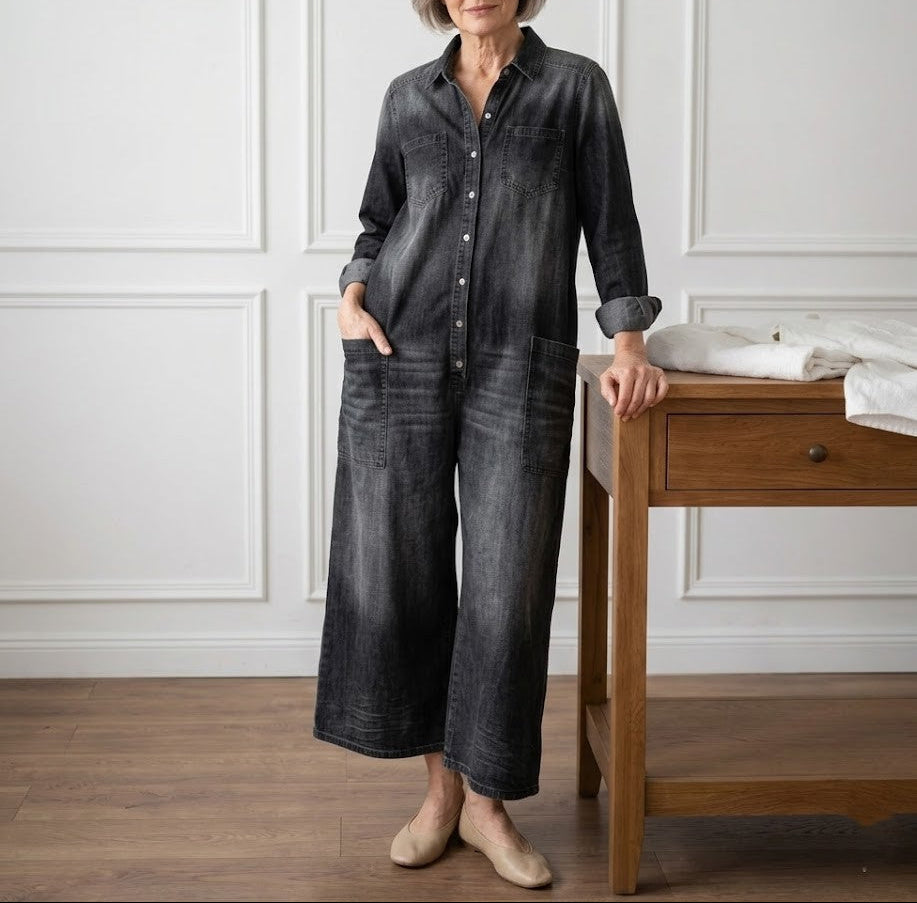 Saylor - Vintage Washed Soft Cotton Denim Jumpsuit with Button Closure – Black | The Bellemont Sisters Australia