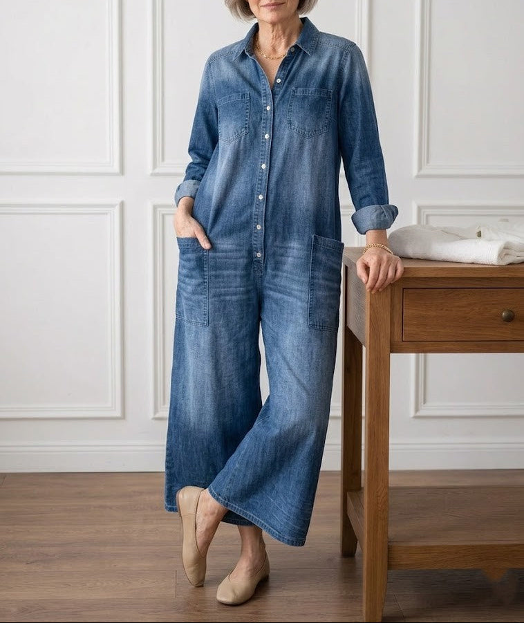 Saylor - Vintage Washed Soft Cotton Denim Jumpsuit with Button Closure – Blue | The Bellemont Sisters Australia