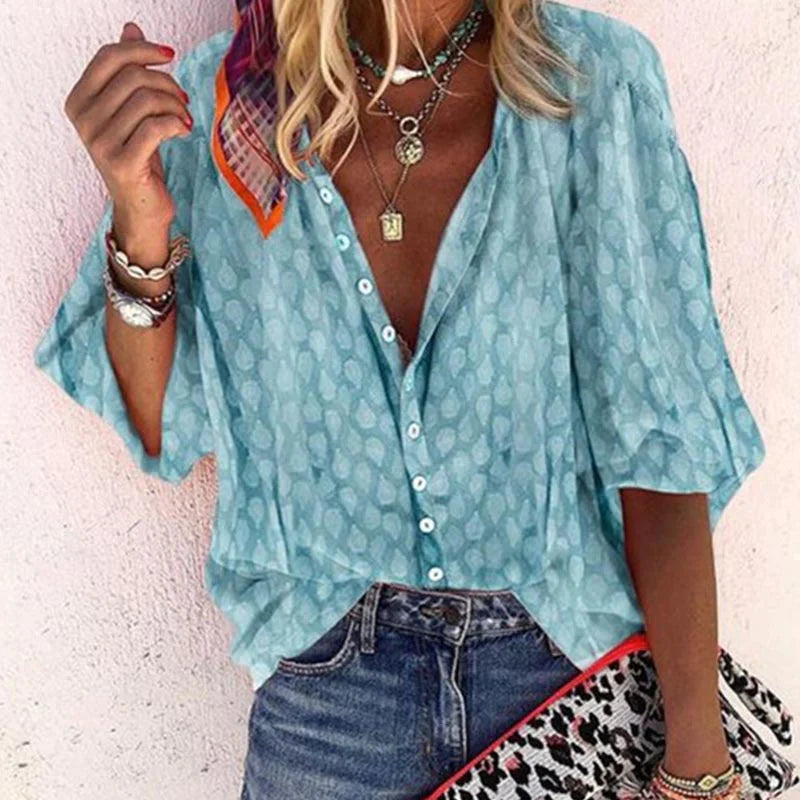 Claire | Women Printed Button Down Casual Blouse – Blue | The Bellemont Sisters Australia