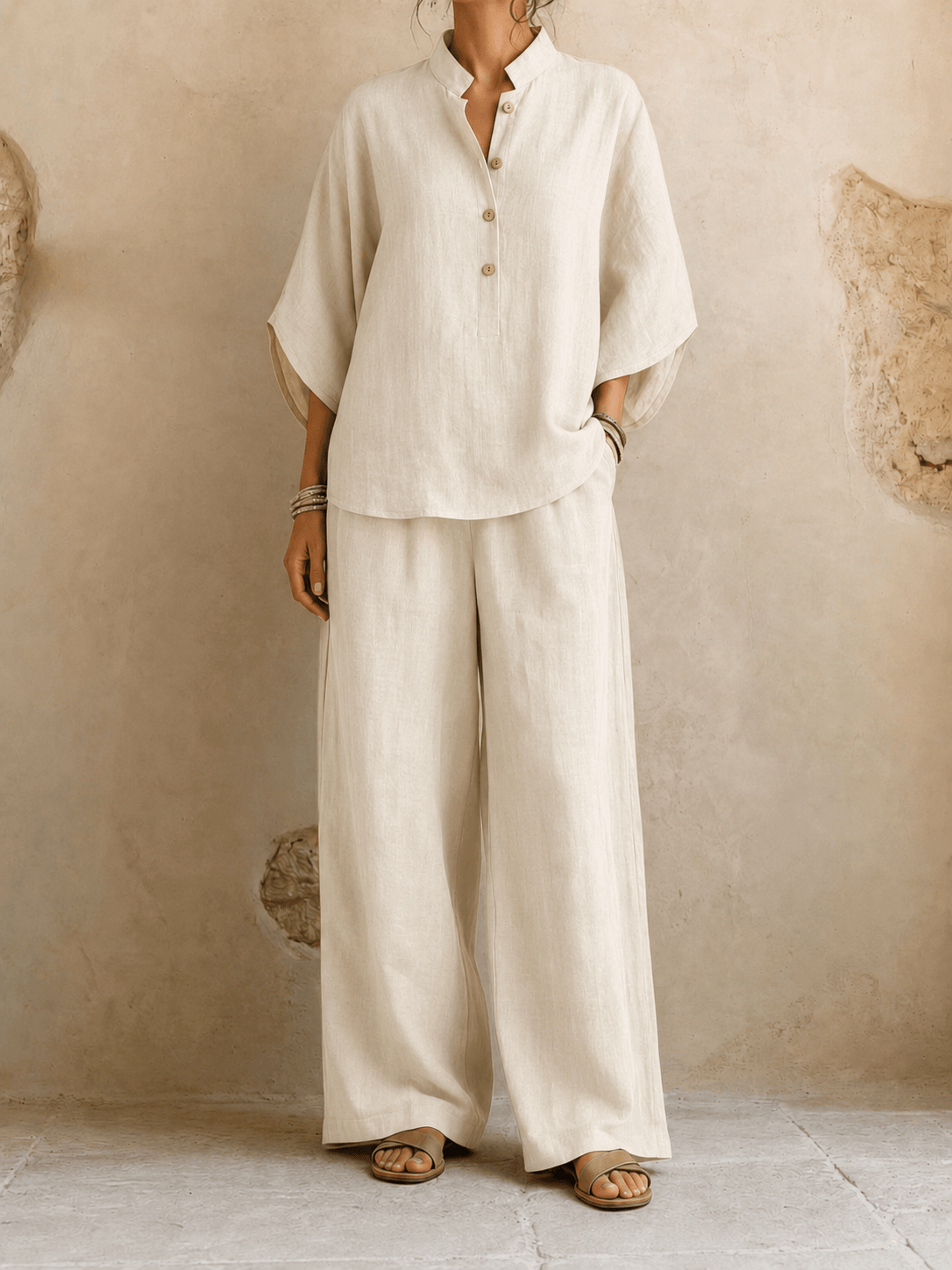 Maribel | Batwing Sleeves and Wide-Leg Pants – Beige | The Bellemont Sisters Australia