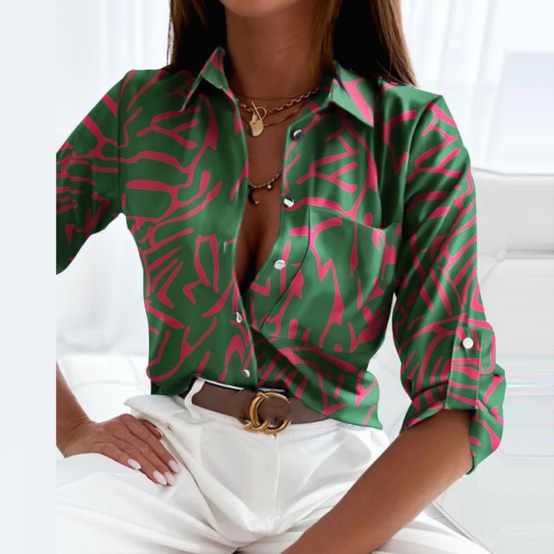 Peyton | Women's Printed Long Sleeve Button Top – Green | The Bellemont Sisters Australia