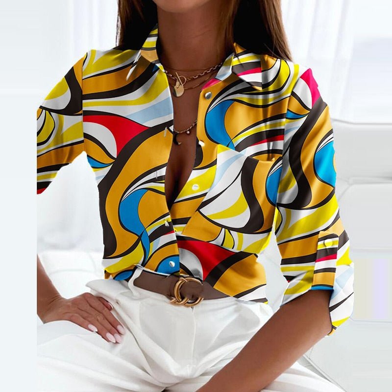 Peyton | Women's Printed Long Sleeve Button Top – Yellow Labyrinth | The Bellemont Sisters Australia