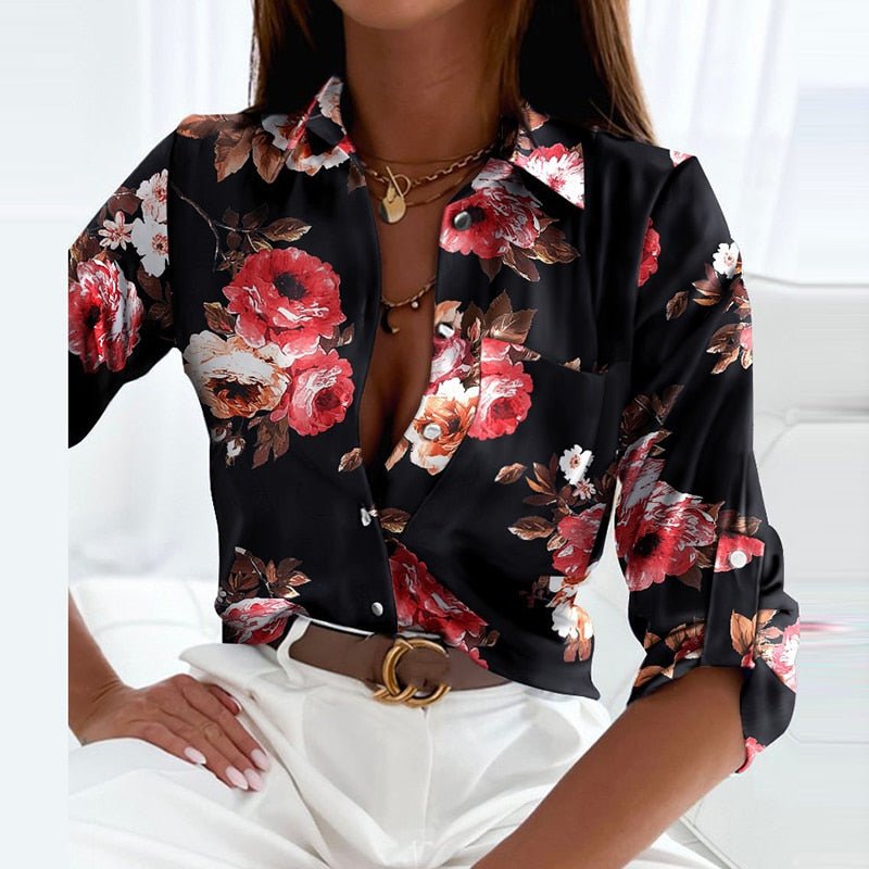 Peyton | Women's Printed Long Sleeve Button Top – Black Pink Flowers | The Bellemont Sisters Australia