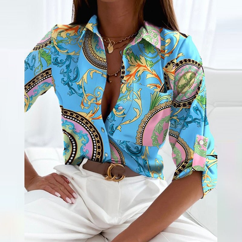 Peyton | Women's Printed Long Sleeve Button Top – Light Blue | The Bellemont Sisters Australia
