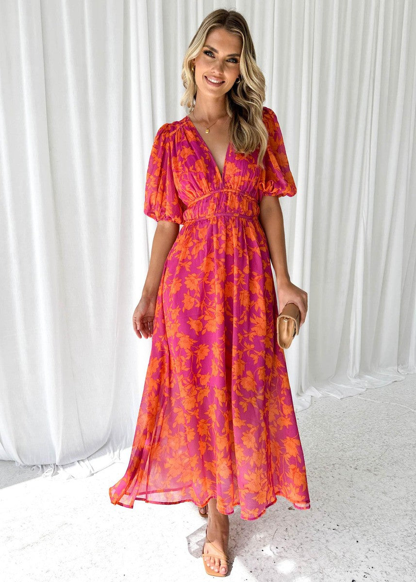 Isabella | Women's Floral V Neck Maxi Wedding Guest Dress – Orange | The Bellemont Sisters Australia
