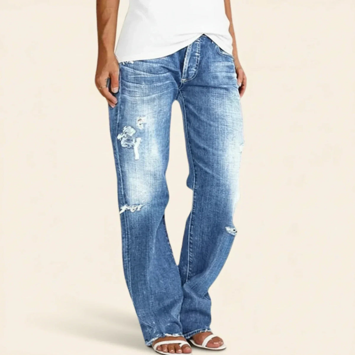 Chloe | Women’s Ripped High Rise Straight Jeans – Blue | The Bellemont Sisters Australia