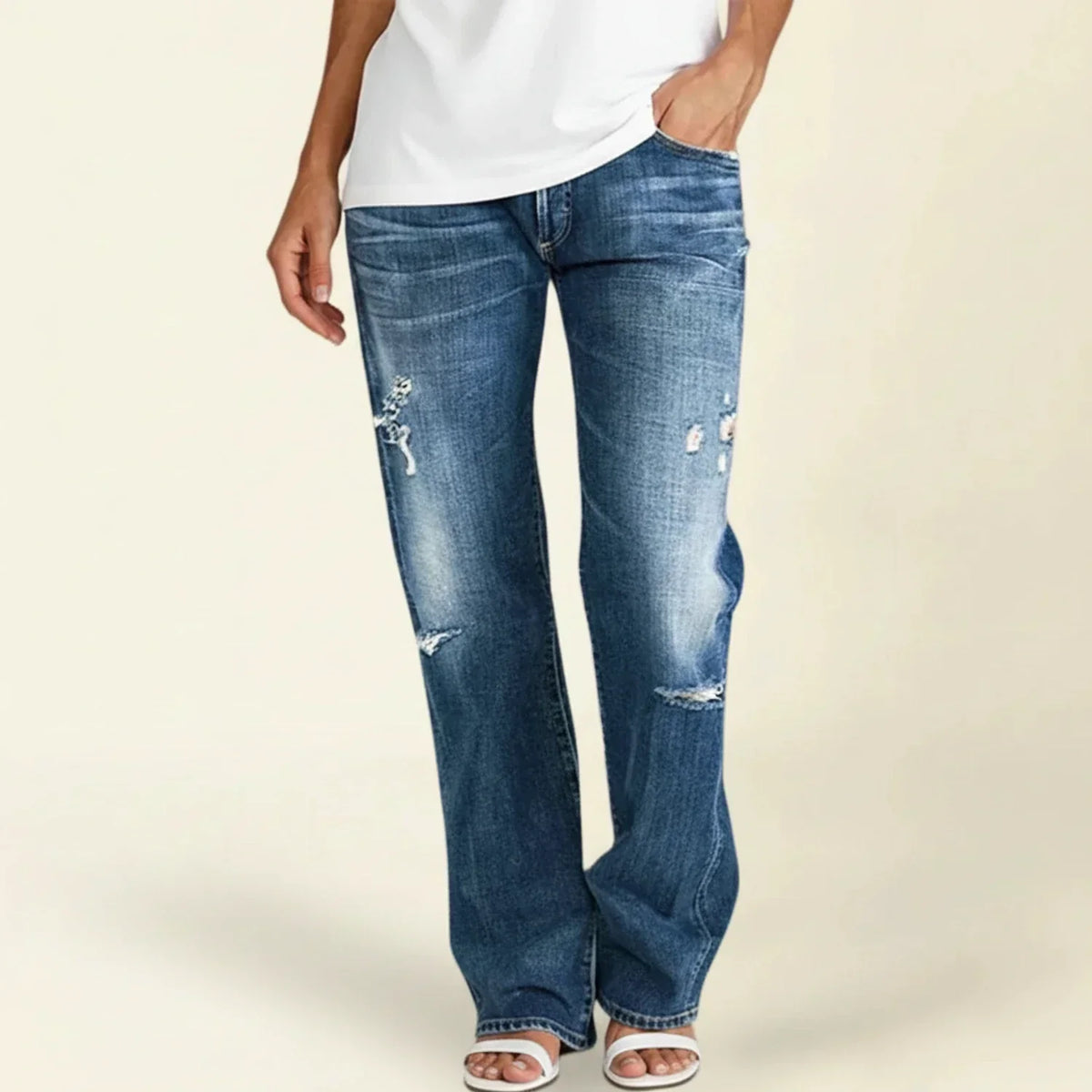 Chloe | Women’s Ripped High Rise Straight Jeans – Dark Blue | The Bellemont Sisters Australia