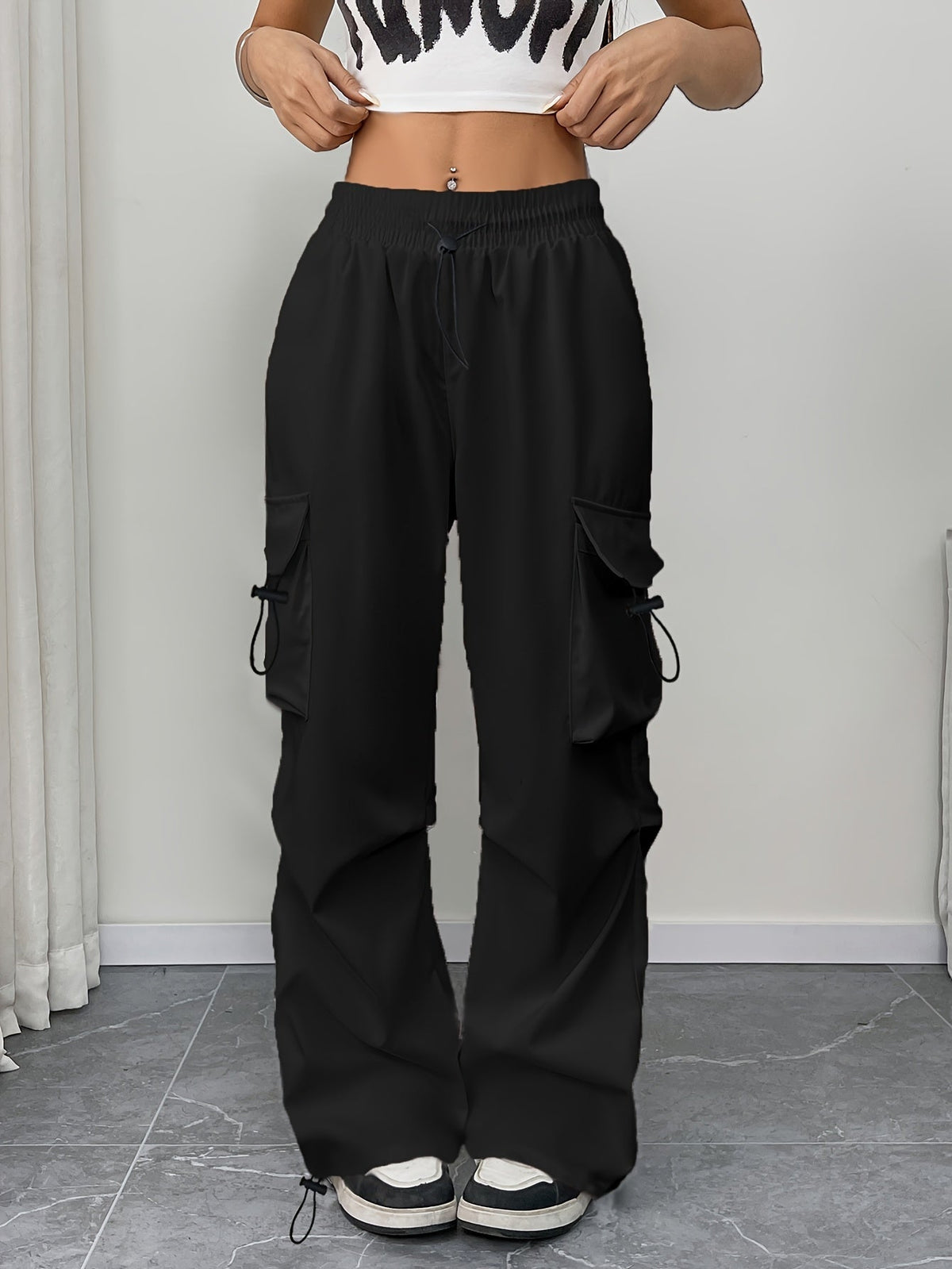Chloe | Women's Wide Leg Cargo Pocket Drawstring Pants – Black | The Bellemont Sisters Australia