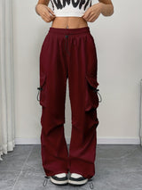 Chloe | Women's Wide Leg Cargo Pocket Drawstring Pants – Burgundy | The Bellemont Sisters Australia