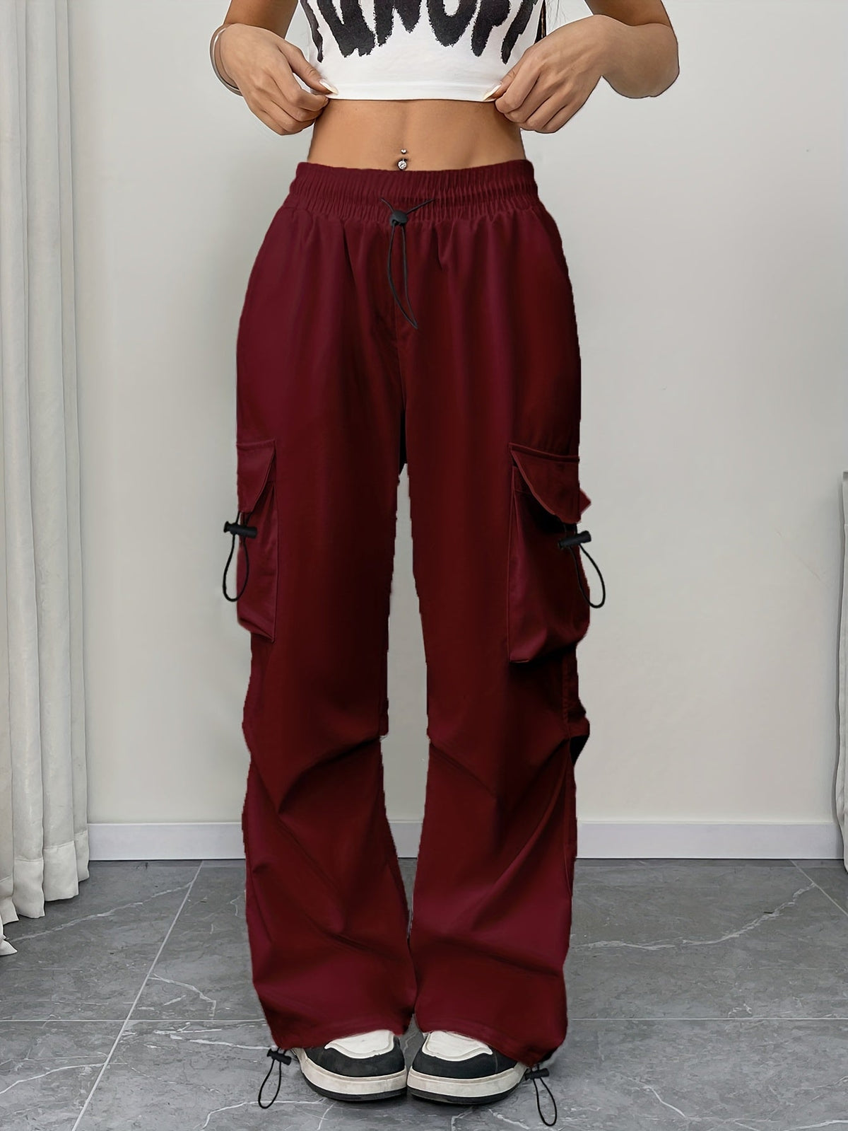Chloe | Women's Wide Leg Cargo Pocket Drawstring Pants – Burgundy | The Bellemont Sisters Australia