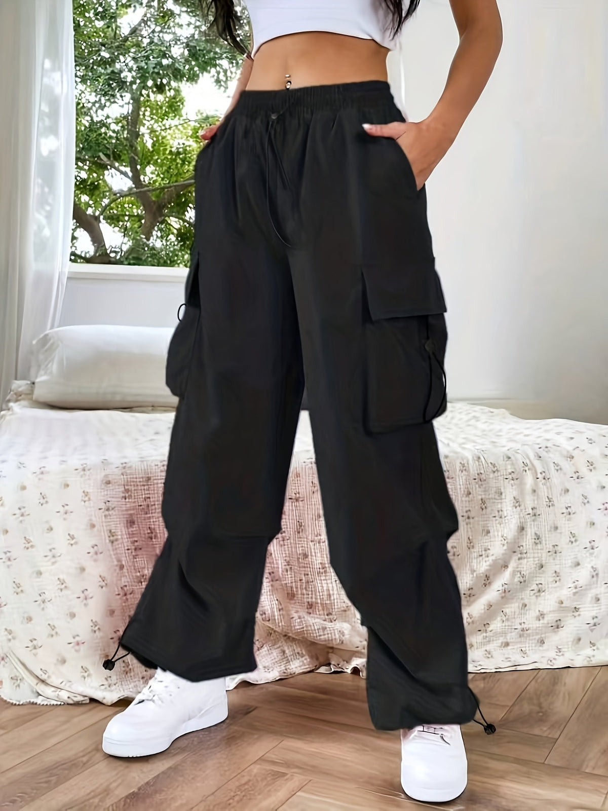 Charlotte | Women's Wide Leg Cargo Pocket Casual Pants – Black | The Bellemont Sisters Australia