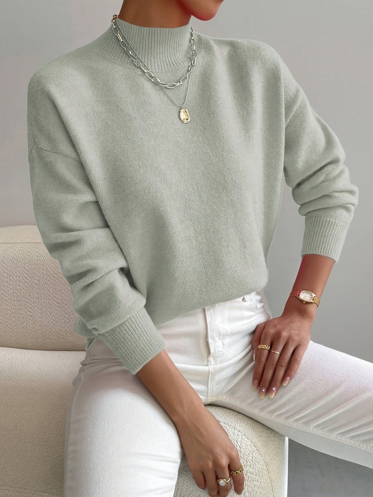 Amelia | Mock Turtleneck Relaxed Fit Sweater with Ribbed Cuffs, Soft Everyday Knit – Light Green | The Bellemont Sisters Aust