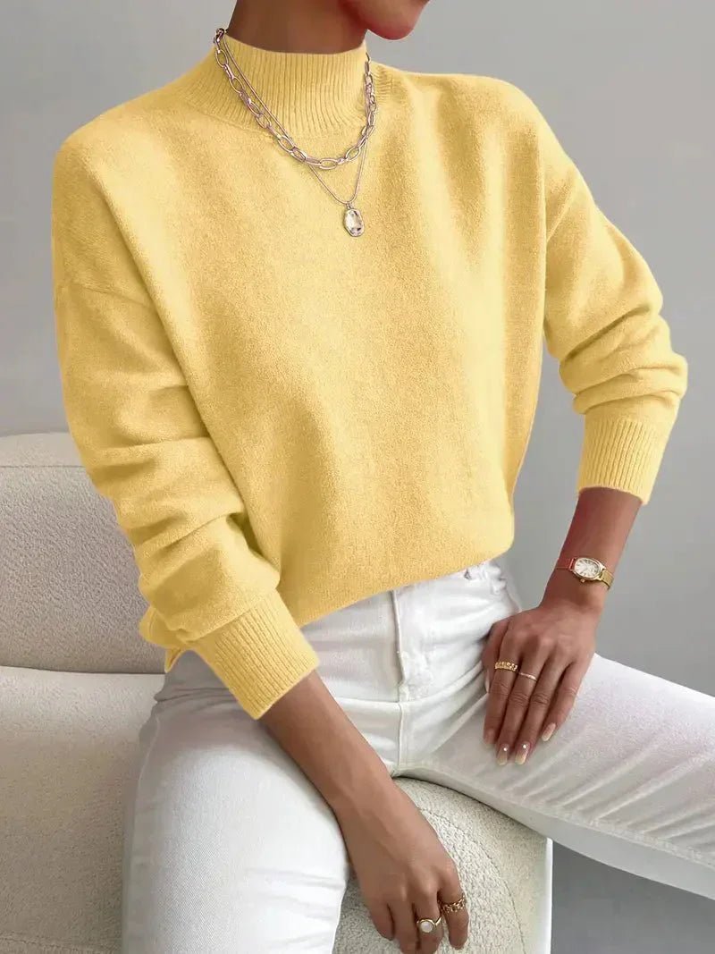 Amelia | Mock Turtleneck Relaxed Fit Sweater with Ribbed Cuffs, Soft Everyday Knit – Yellow | The Bellemont Sisters Australia