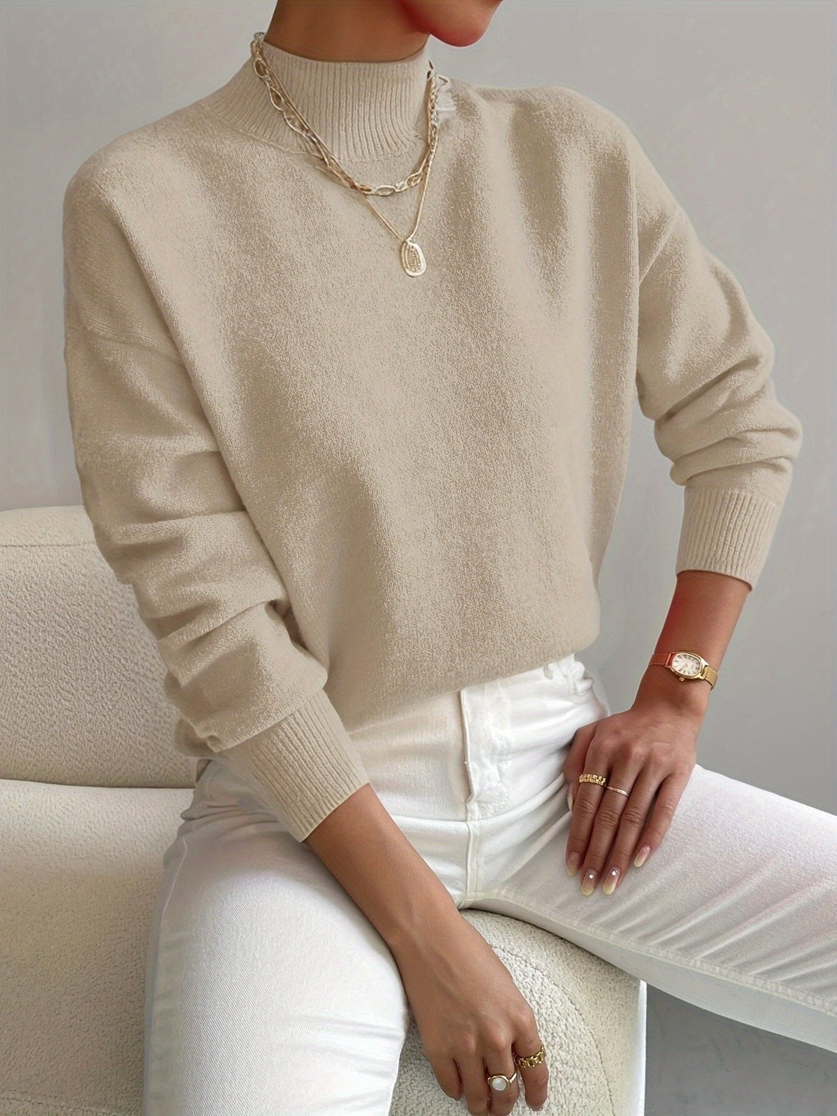 Amelia | Mock Turtleneck Relaxed Fit Sweater with Ribbed Cuffs, Soft Everyday Knit – Beige | The Bellemont Sisters Australia