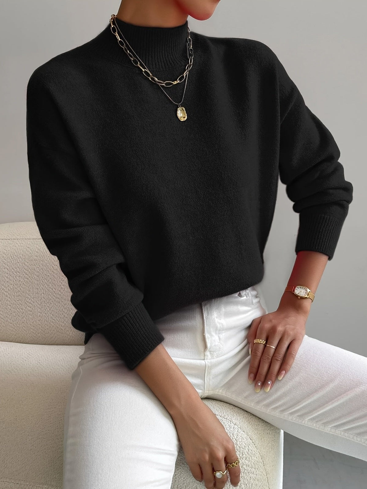 Amelia | Mock Turtleneck Relaxed Fit Sweater with Ribbed Cuffs, Soft Everyday Knit – Black | The Bellemont Sisters Australia