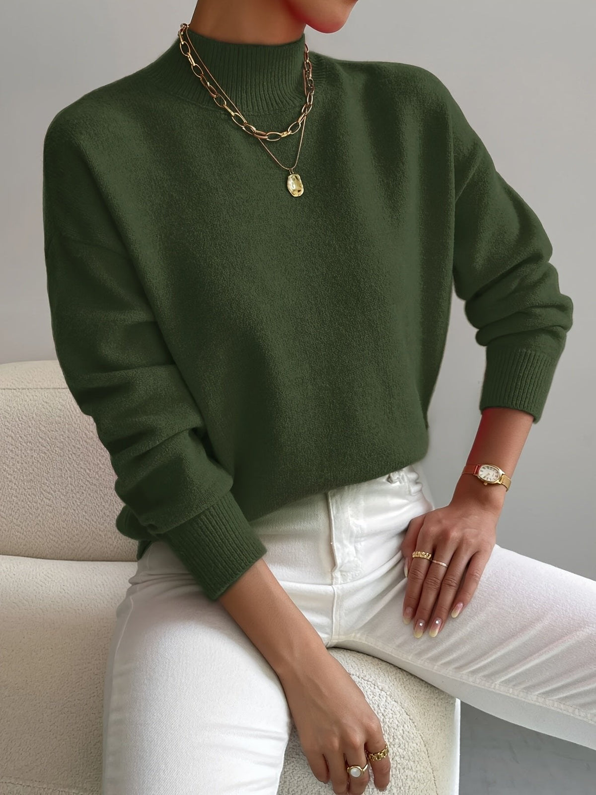 Amelia | Mock Turtleneck Relaxed Fit Sweater with Ribbed Cuffs, Soft Everyday Knit – Green | The Bellemont Sisters Australia