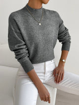 Amelia | Mock Turtleneck Relaxed Fit Sweater with Ribbed Cuffs, Soft Everyday Knit – Dark Gray | The Bellemont Sisters Austra